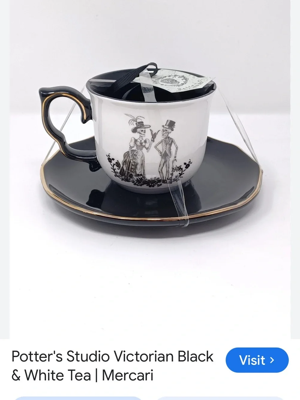 #2799**Black & White Skeleton Couple Teacup and Saucer